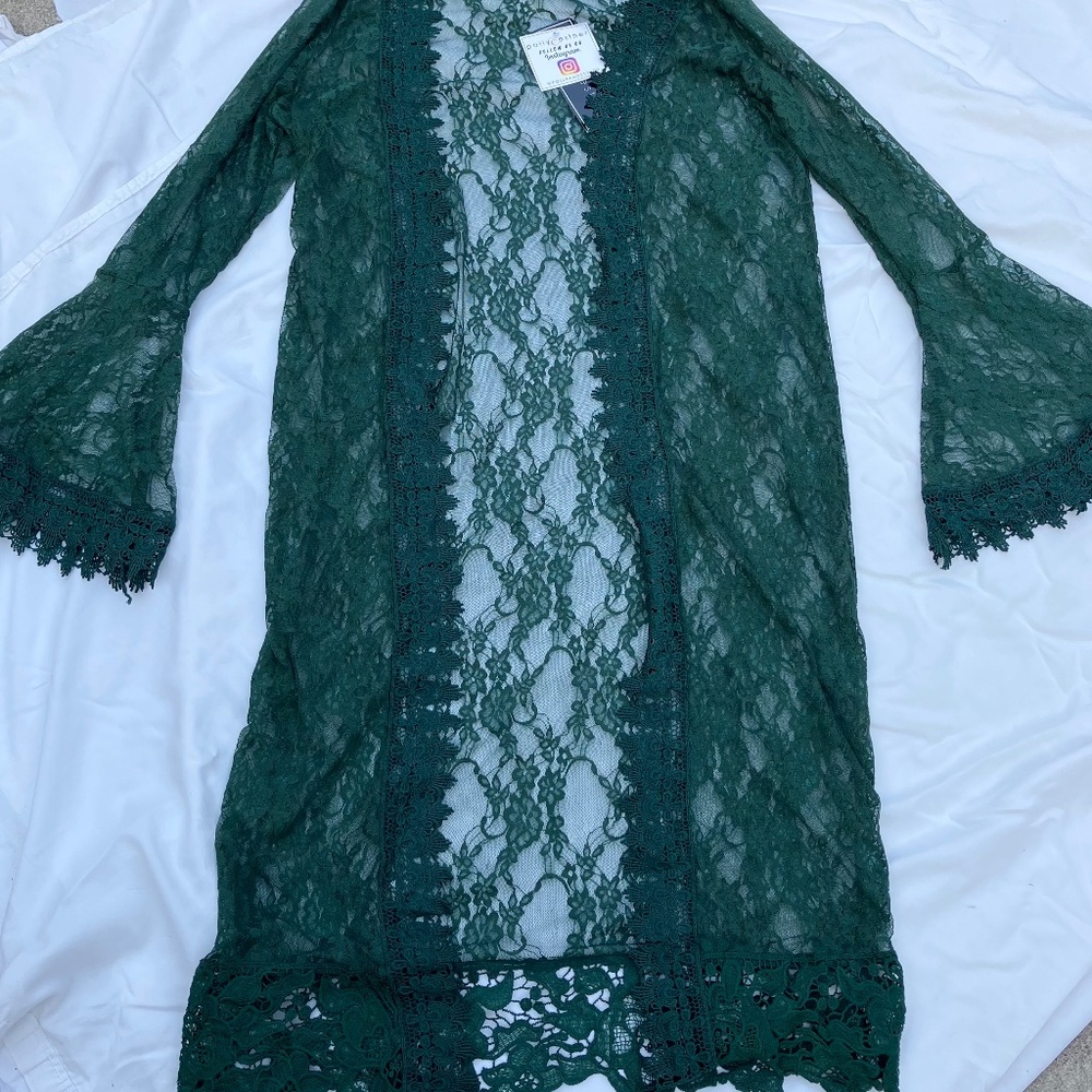 Forest Green Sheer Lace Slip Over Duster NWT Boho Drama Bell Sleeves Size Small
